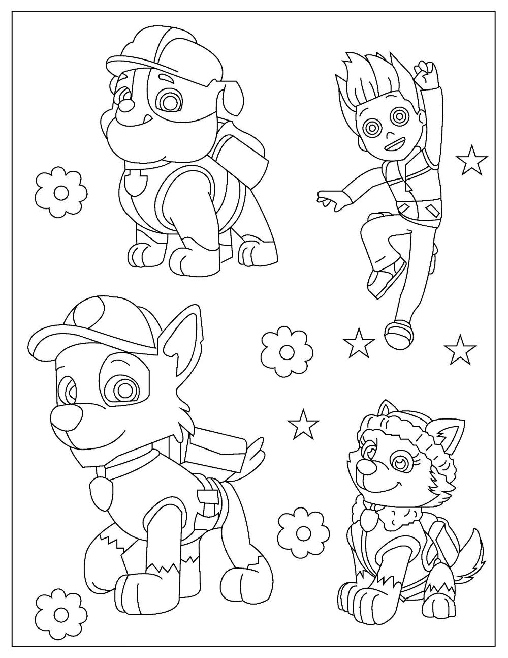 An illustration of Ryder, Rubble, Rocky, and Everest with flowers and stars.