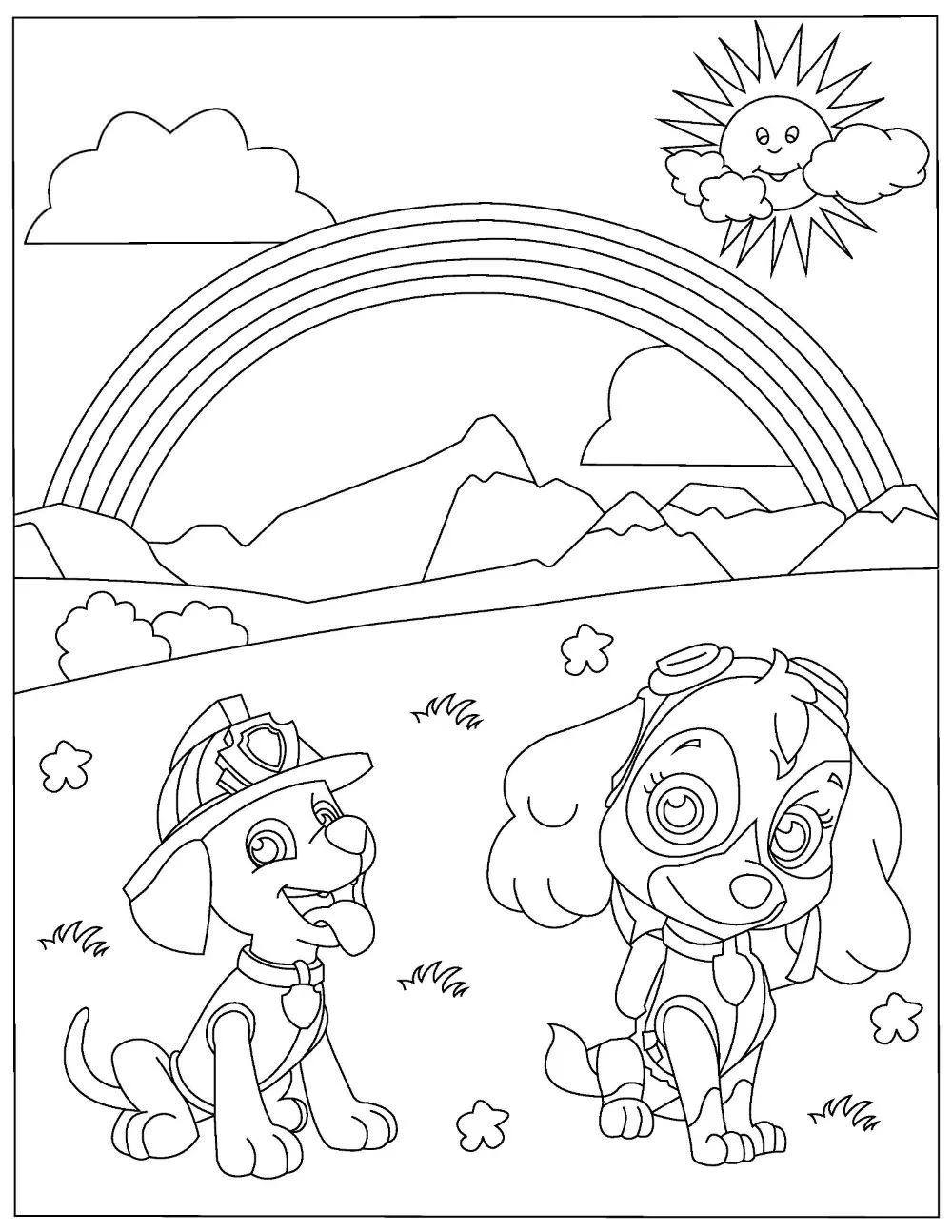 Skye and Marshall on a field with mountains and rainbow.