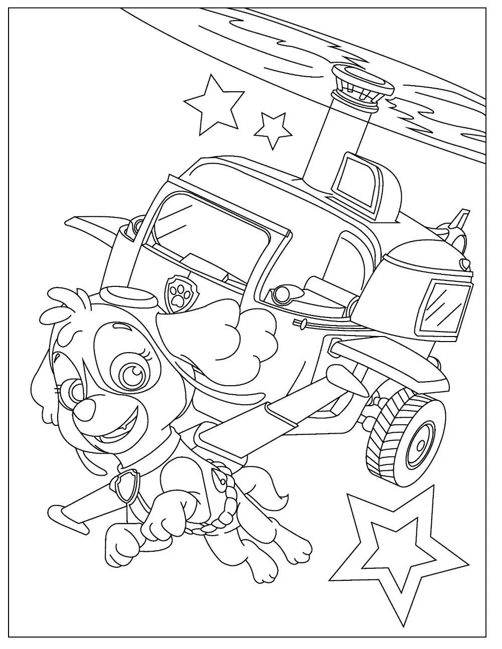 Skye flying with her unique vehicle.