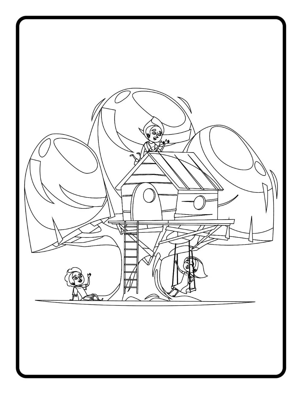 Treehouse with three children playing.