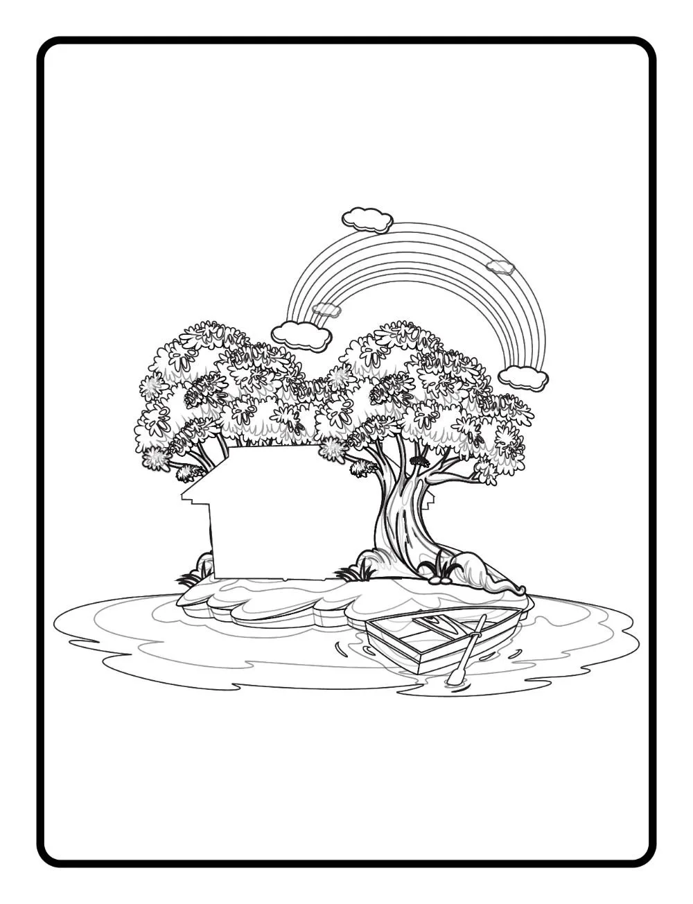 A house built in between two trees on an island.