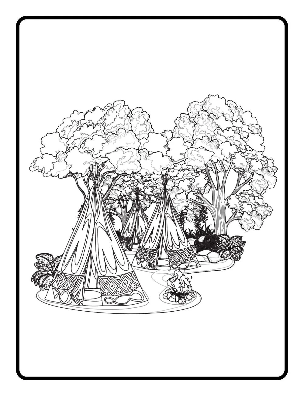 Three huts built near big trees.
