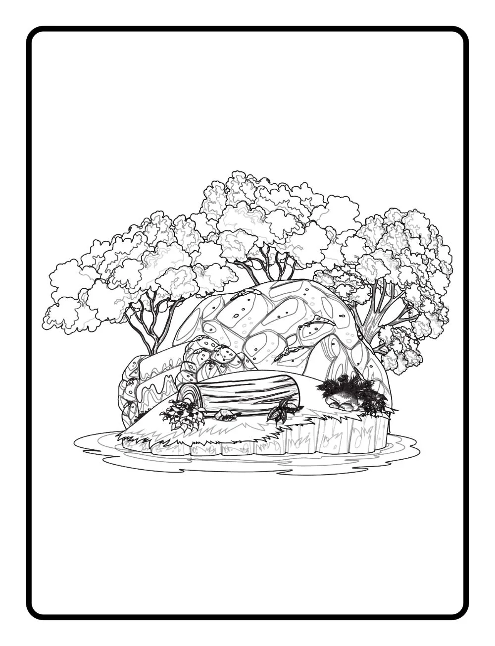 Illustration of an island with logs and a lot of trees.