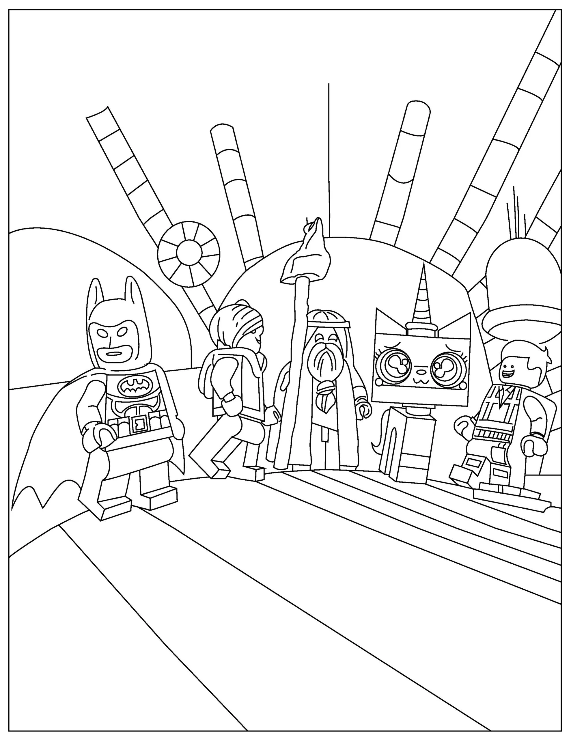 Illustration of Batman and other famous lego characters.