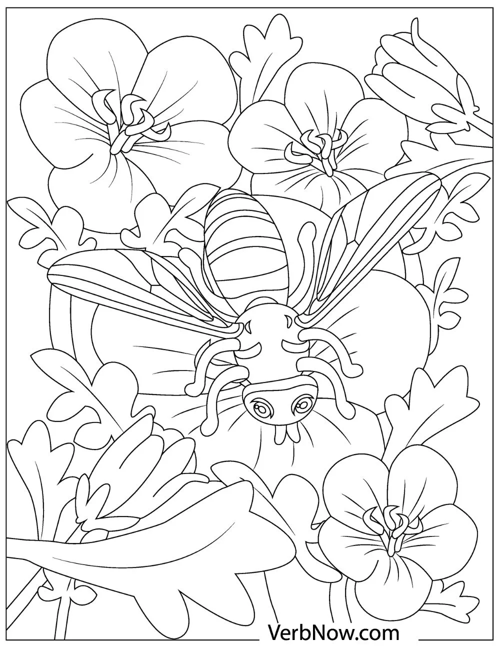 An illustration of a beautiful bee sitting on a blooming flower.
