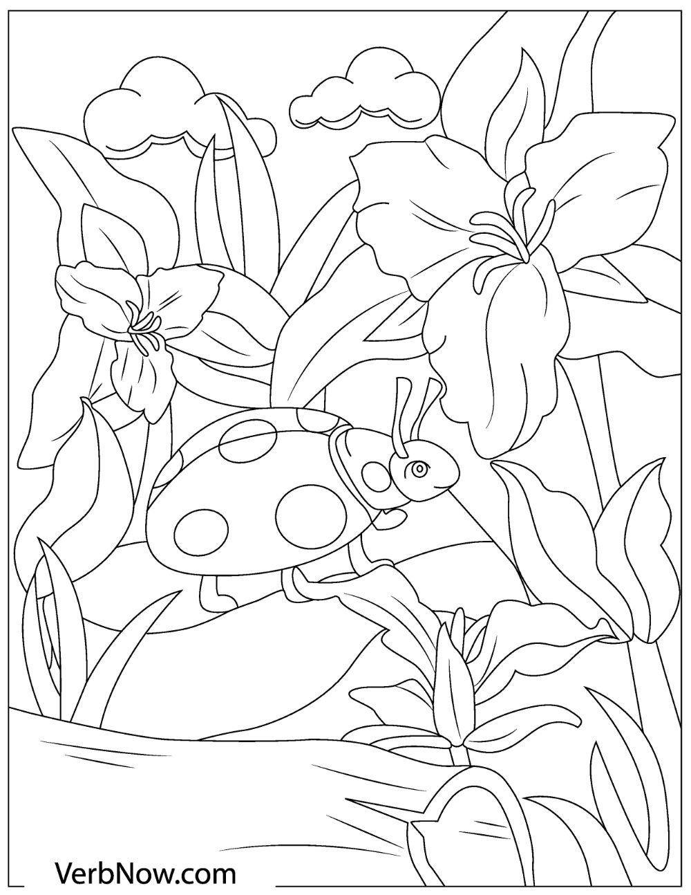An illustration of beautiful flowers blooming in a cloudy day with a lady bug on a leaf. 