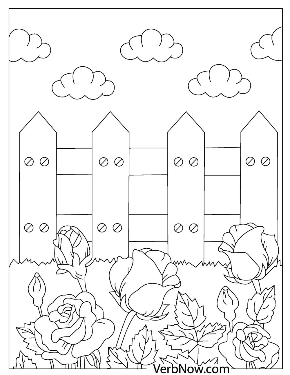 Blooming rose flowers in front of a fence with clouds in the background. 