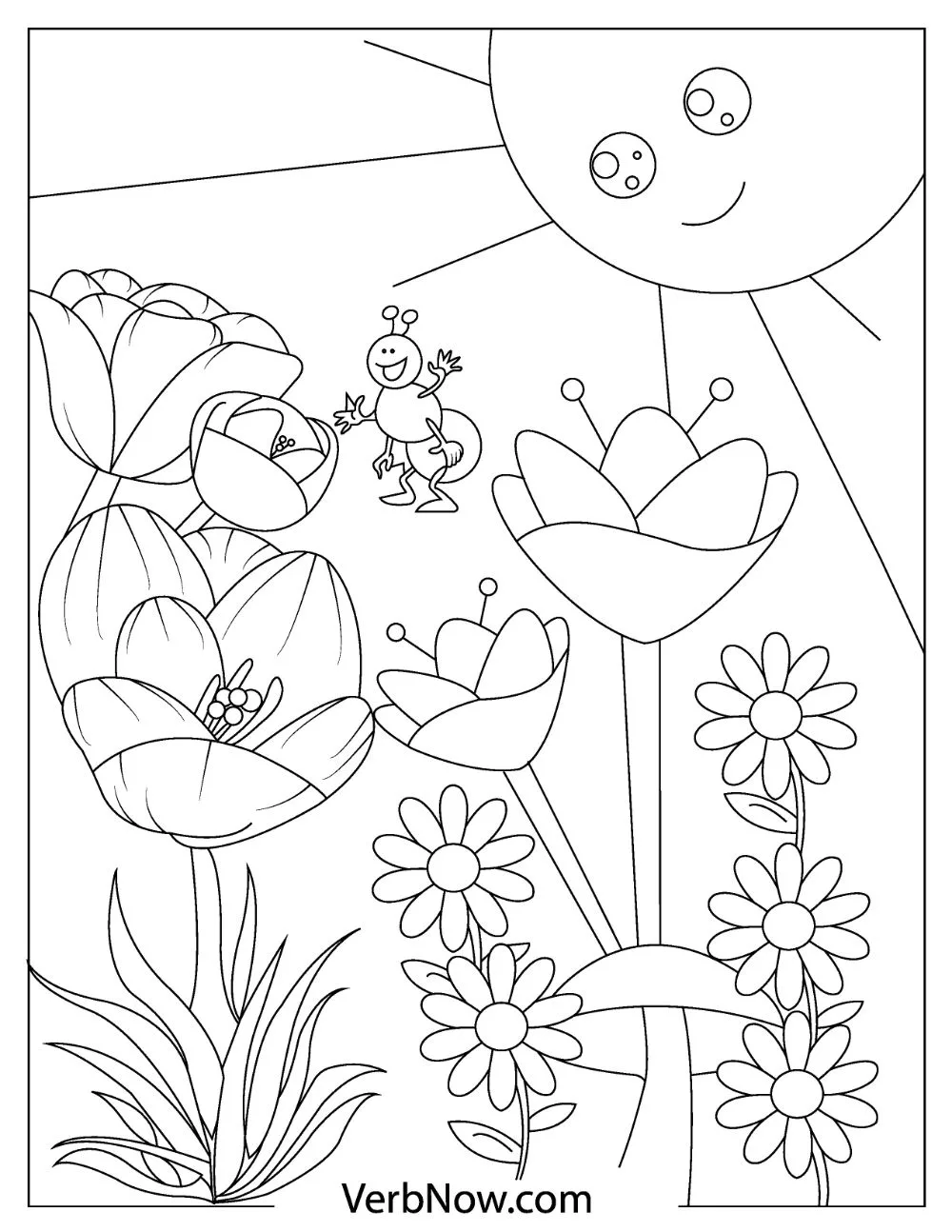 An illustration of beautiful flowers with a a happy bee flying over them. 