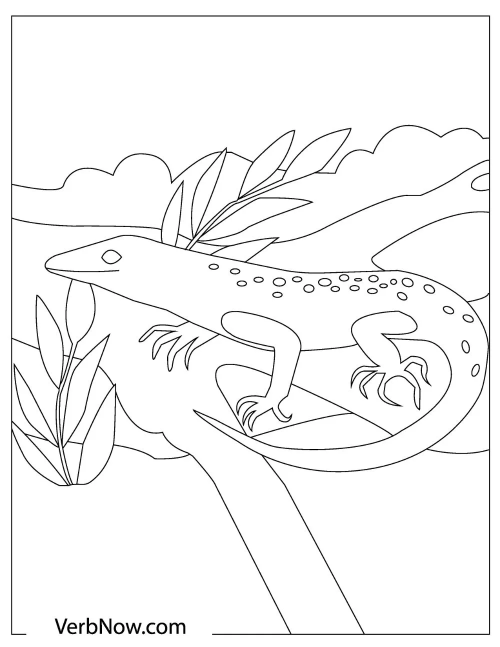An illustration of a lizard with many spots on its body sitting on a branch. 
