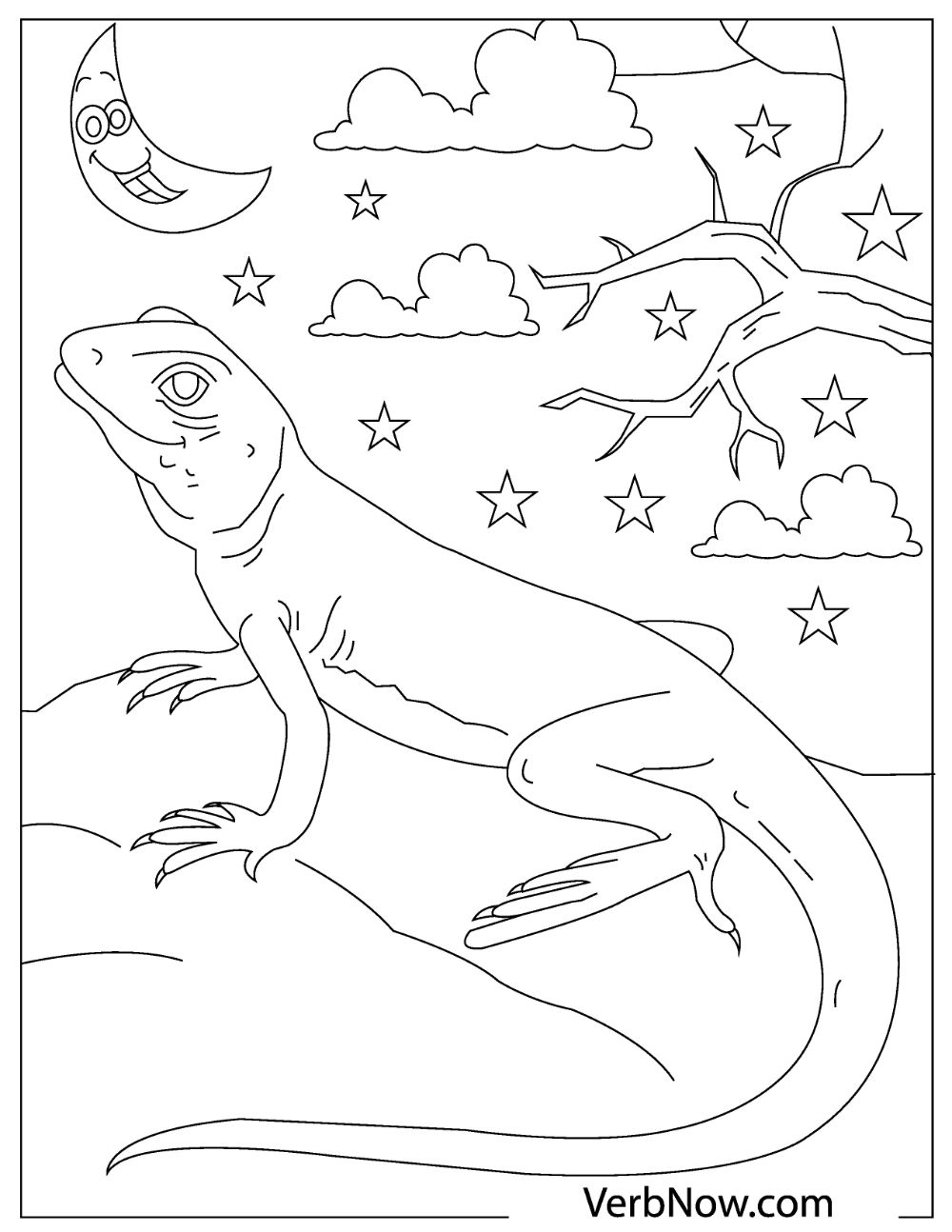 A smiling lizard with the moon and the stars in the background.
