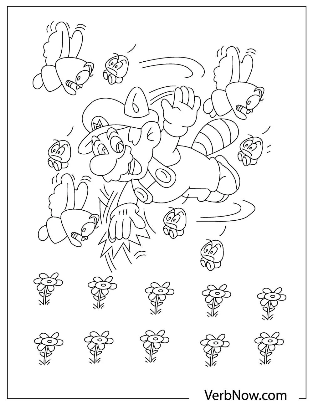 Mario surrounded by lots of Goomba on a flowery field.