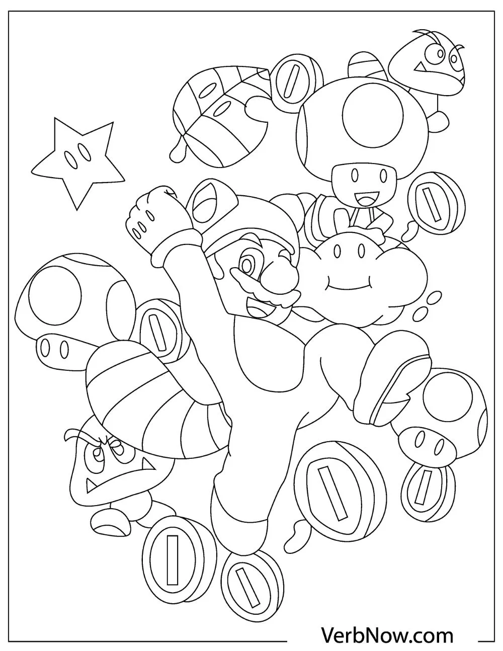 Illustration of a jumping Mario with Goombas and power-up mushrooms.