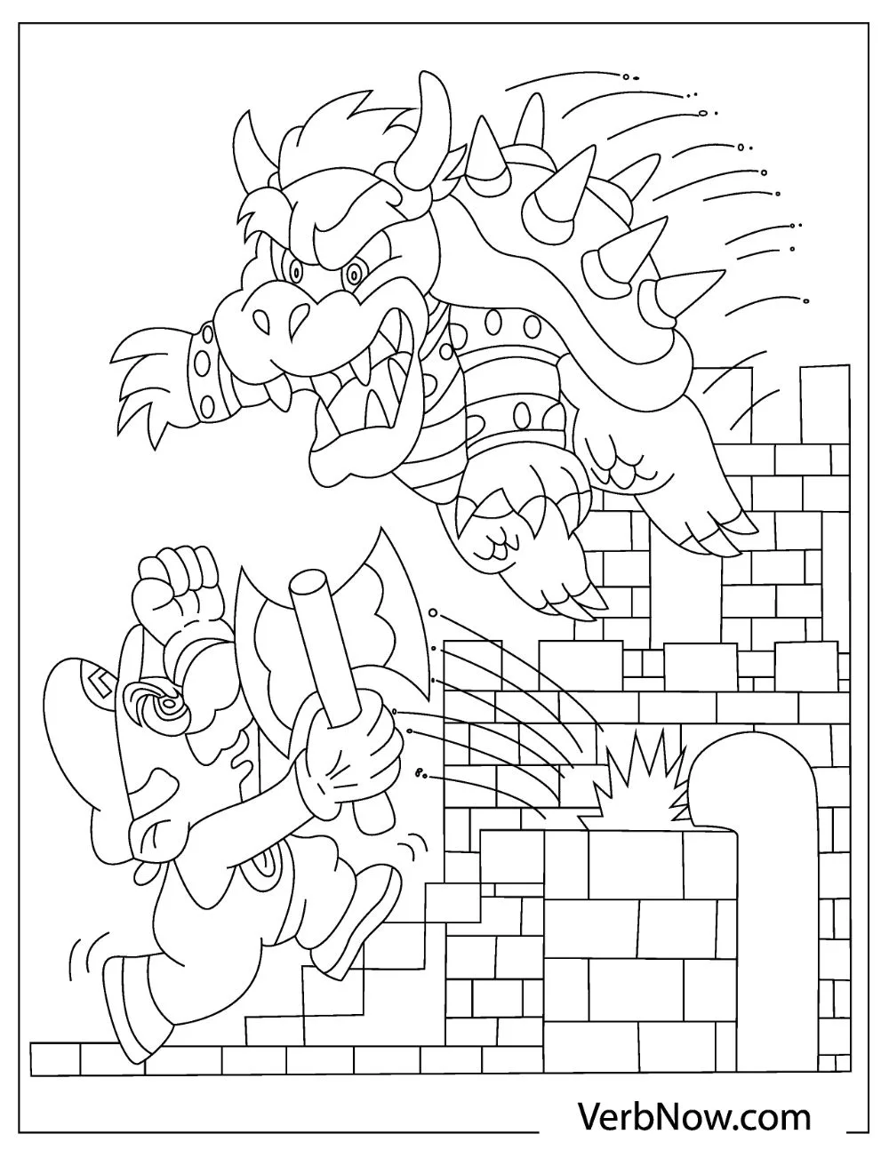 Illustration of Mario carrying an axe while battling Bowser Jr.