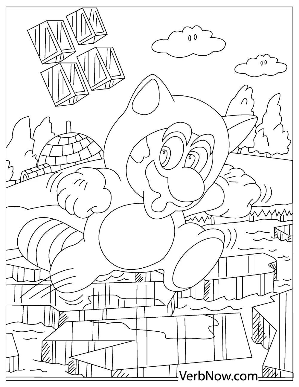 Super Mario dressed as a fox running over obstacles.