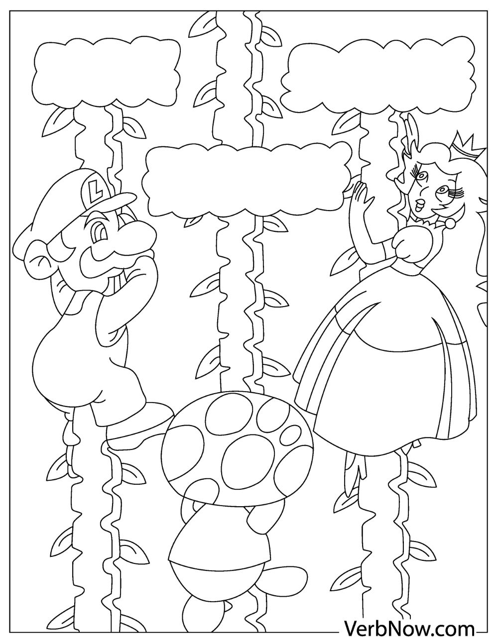 Mario and Princess Peach climbing a vine ladder with Toadette.