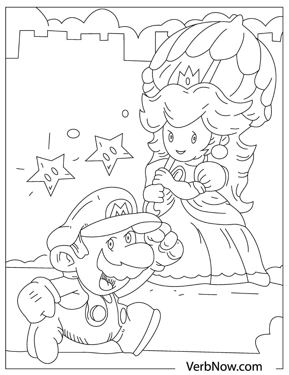 Illustration of Mario with Princess Peach holding an umbrela.