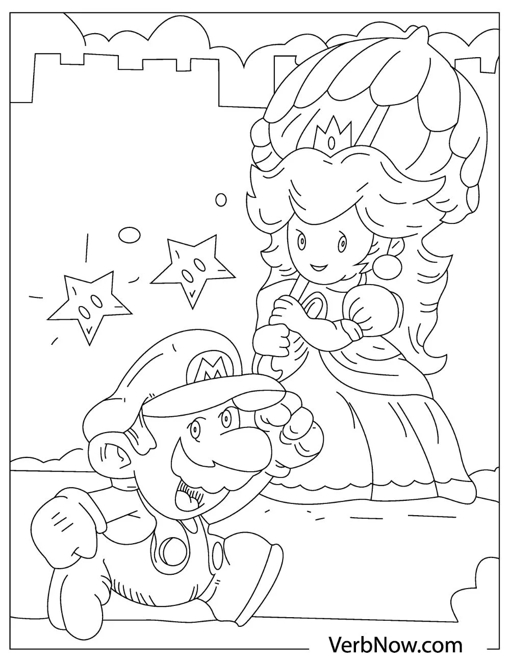 Illustration of Mario with Princess Peach holding an umbrela.