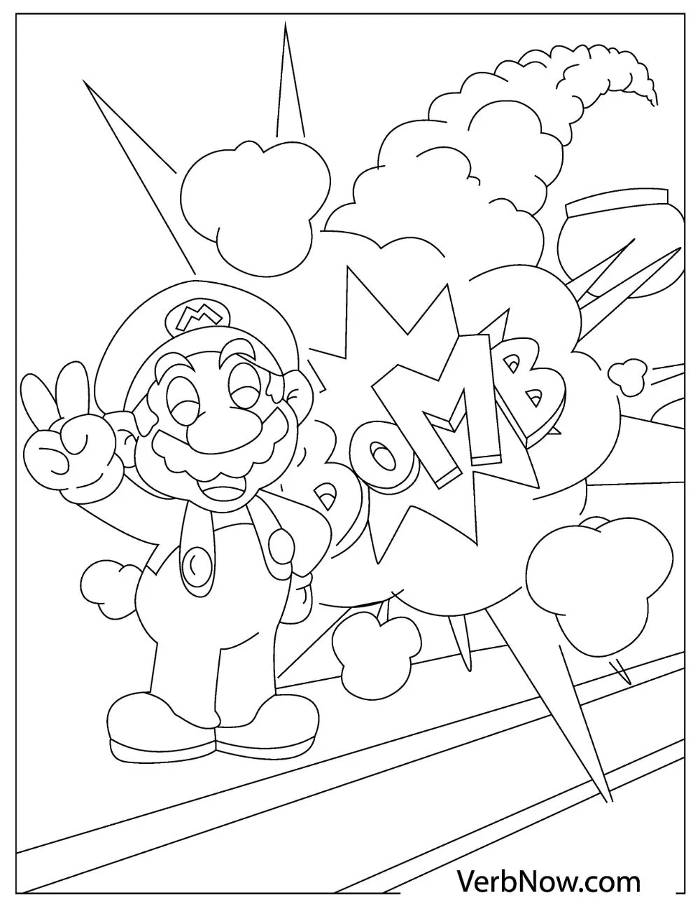 Mario smiling and doing a peace hand sign in front of an exploding bomb.