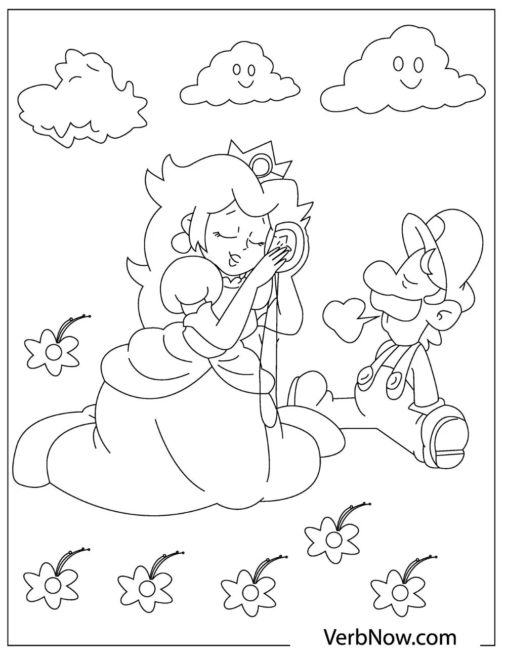 Princess Peach and Mario resting in a flowery field with clouds above them.