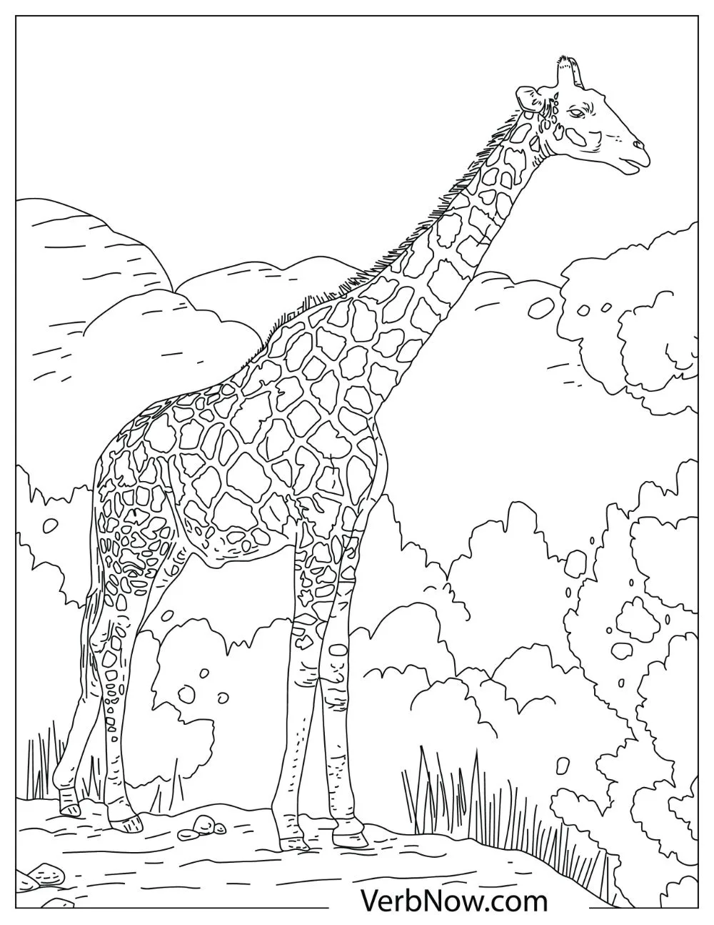 Illustration of a very tall giraffe on a field.