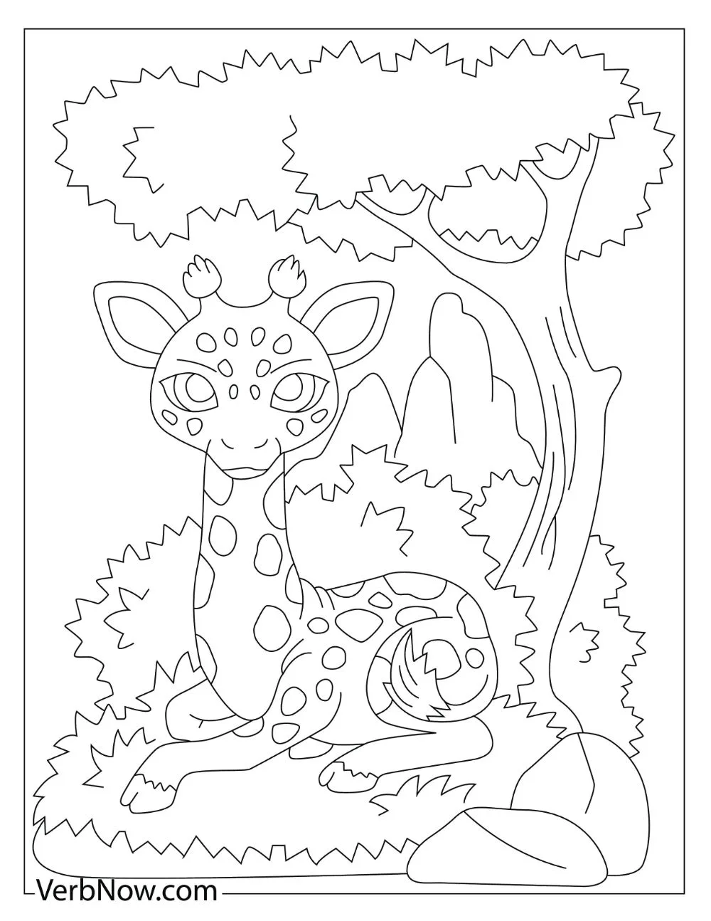 Cute little giraffe resting under a tree.