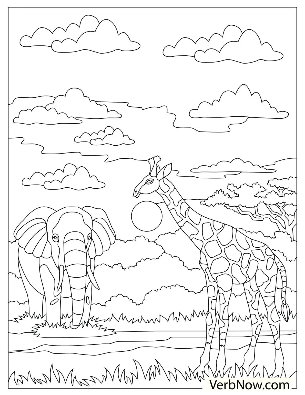 Two large animals, a giraffe and an elephant, looking at each other on a field.