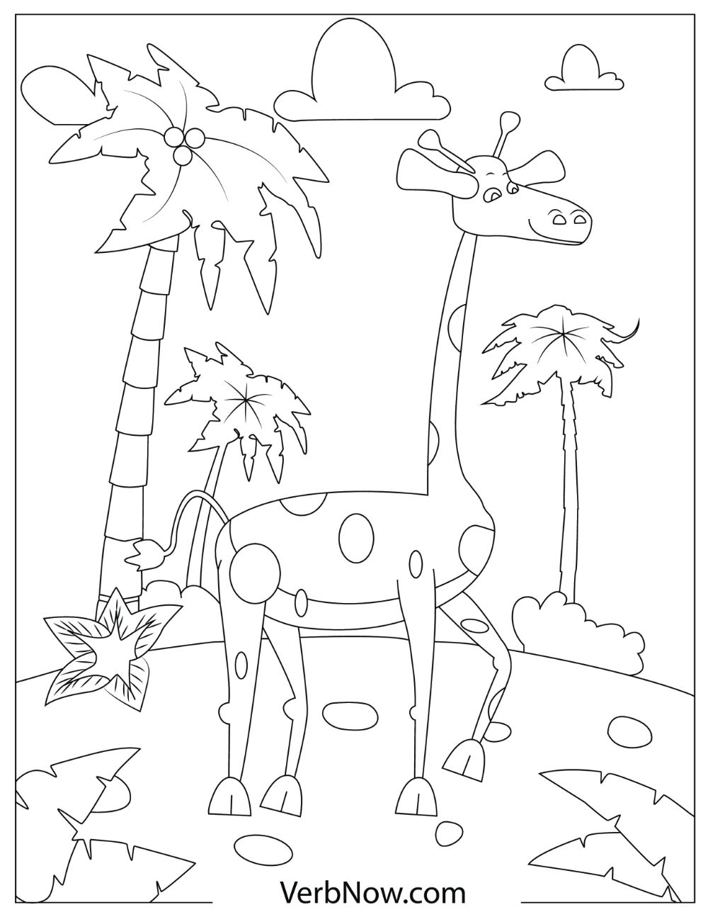 Thin looking giraffe walking on a tropical island.
