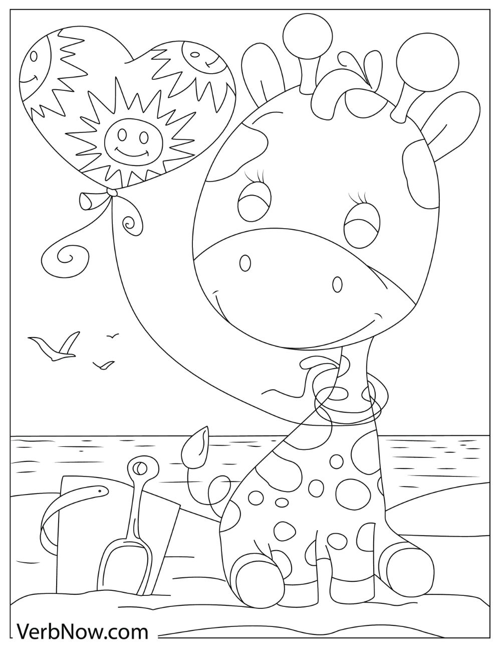 Illustration of a cute giraffe with a balloon tied to its neck.