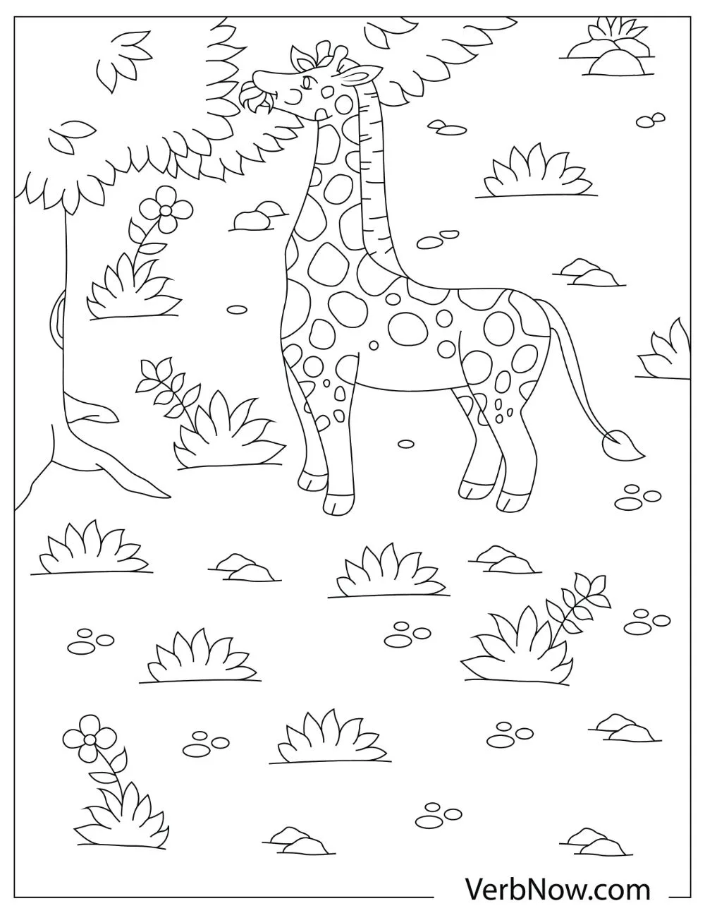 Illustration of a giraffe eating some leaves on a tall tree.