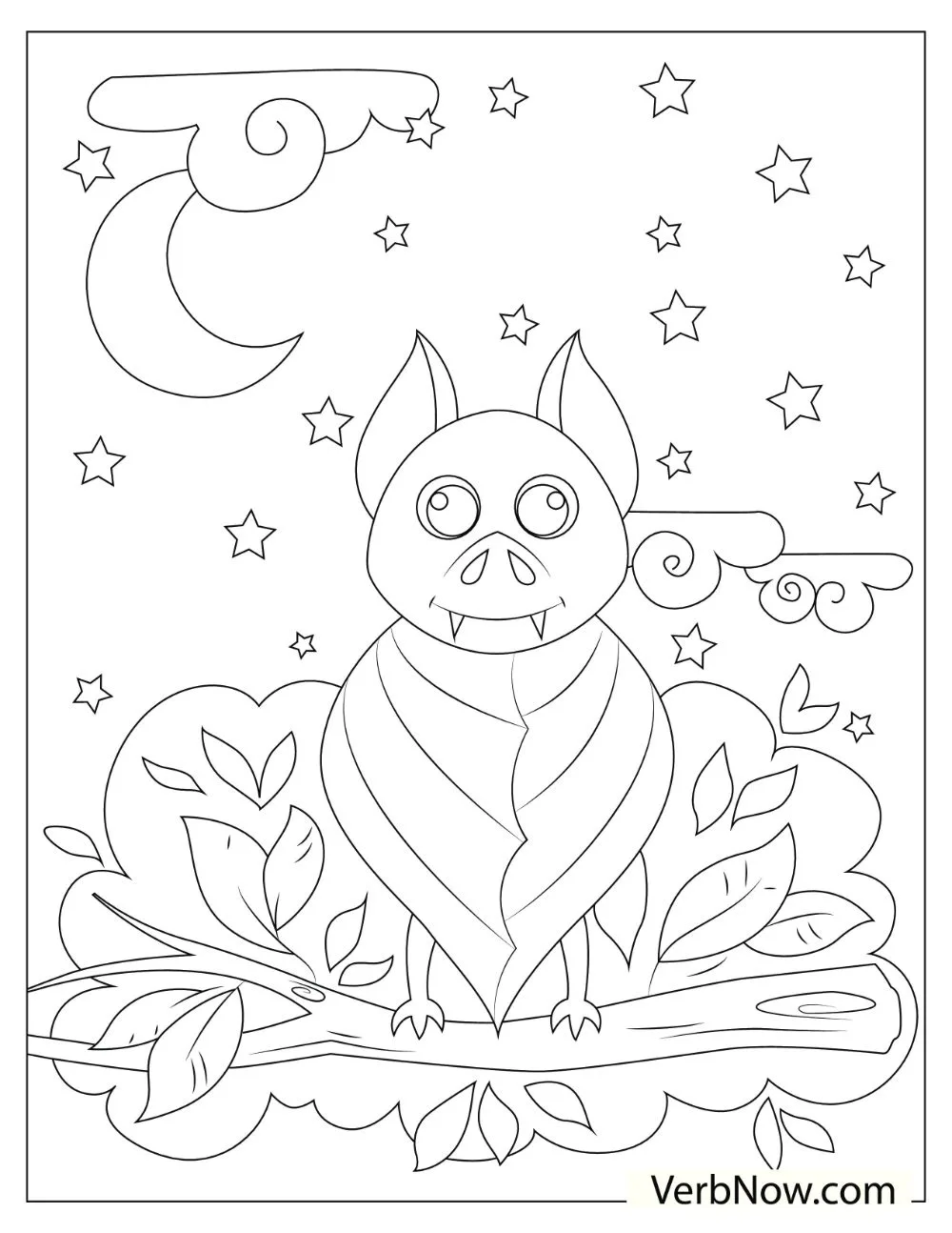 Illustration of a bat hanging on a branch upside down with moon, clouds, and stars on the back.