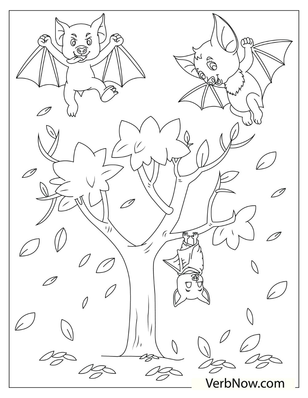 Two bats flying happily over a tree while another bat is sleeping on a branch.