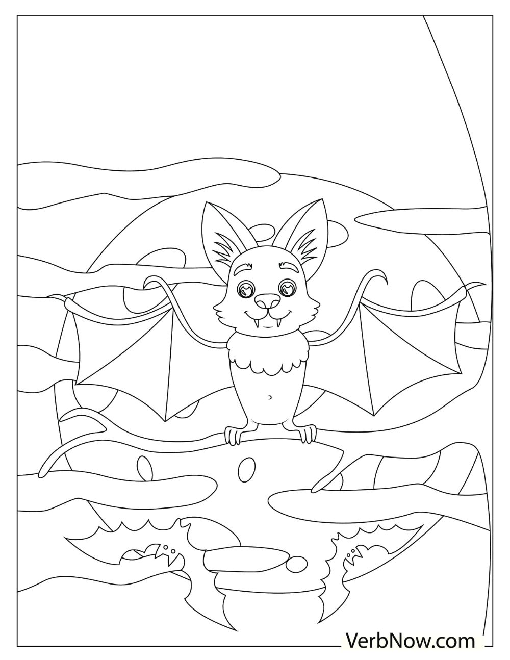 A bat spreading its wings while hanging upside down on a branch.