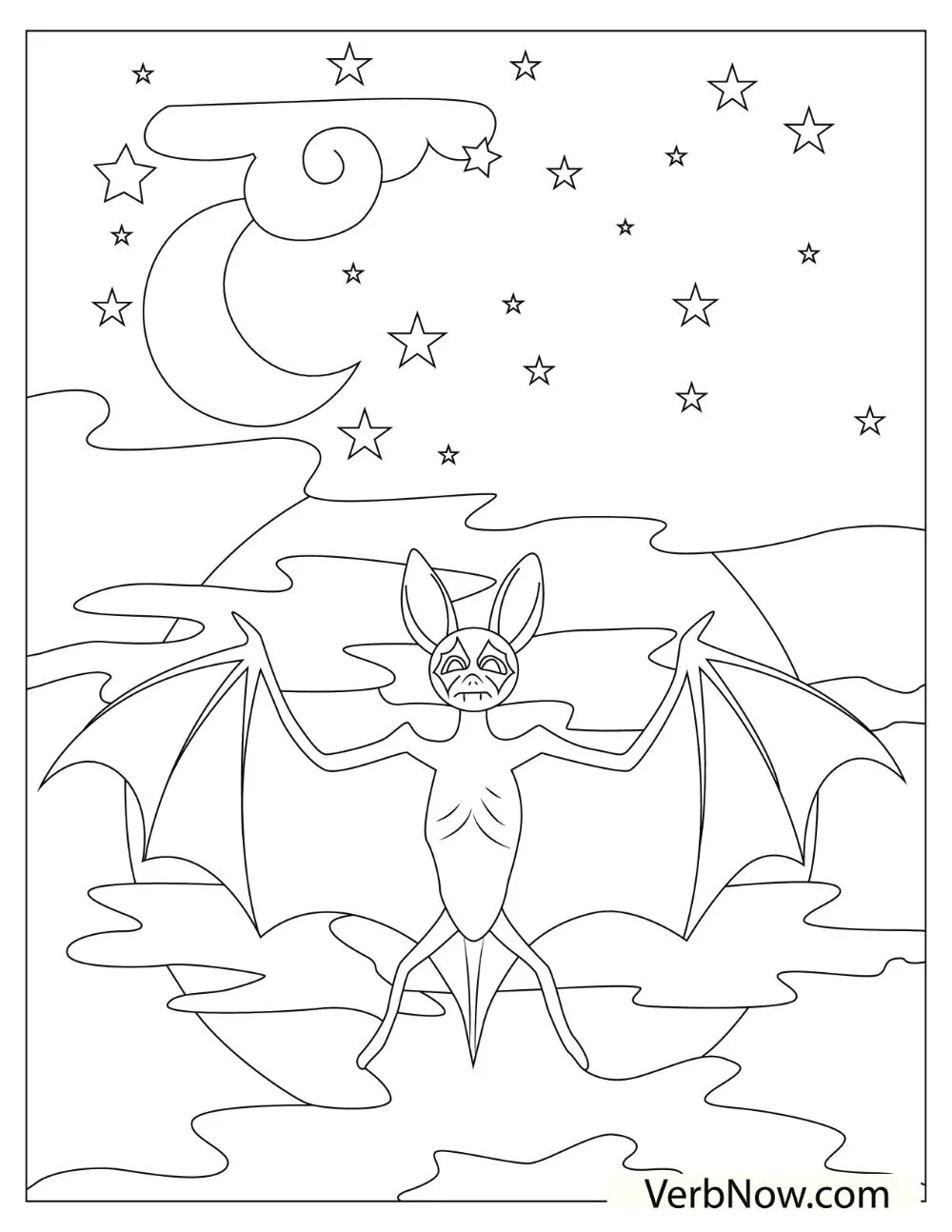 Illustration of a hungry thin bat flying on a full moon.