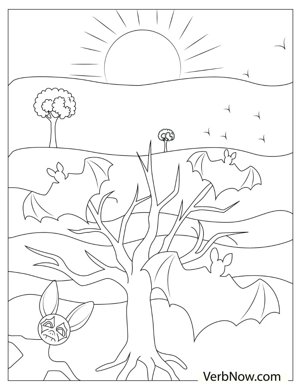 Illustration of a dead tree with four different bats flying away from it during sunrise.