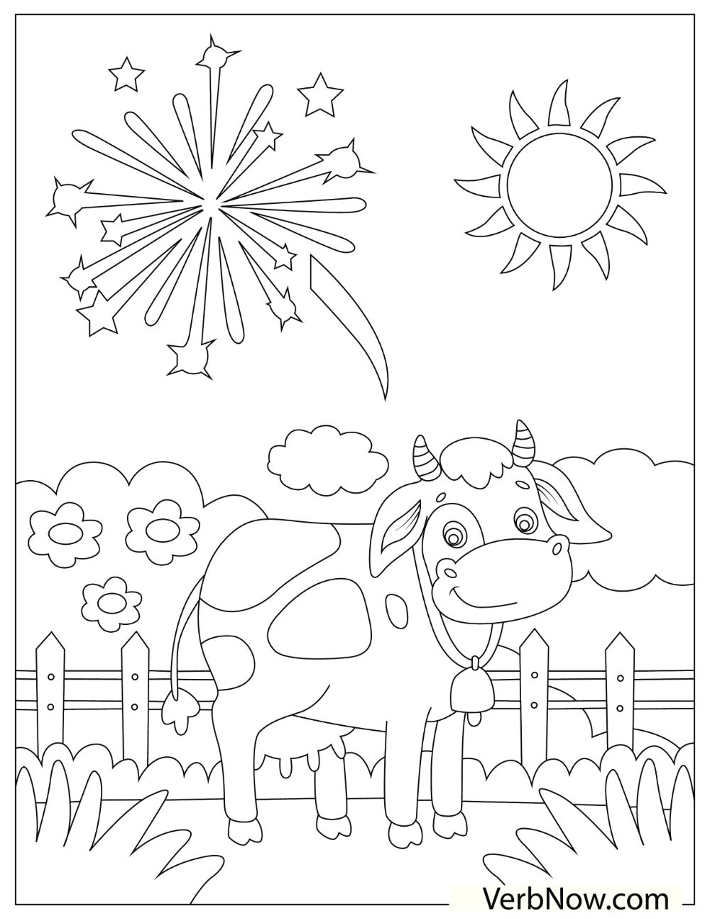 A happy cow wearing a big bell on its neck standing in front of the fence with fireworks in the background.