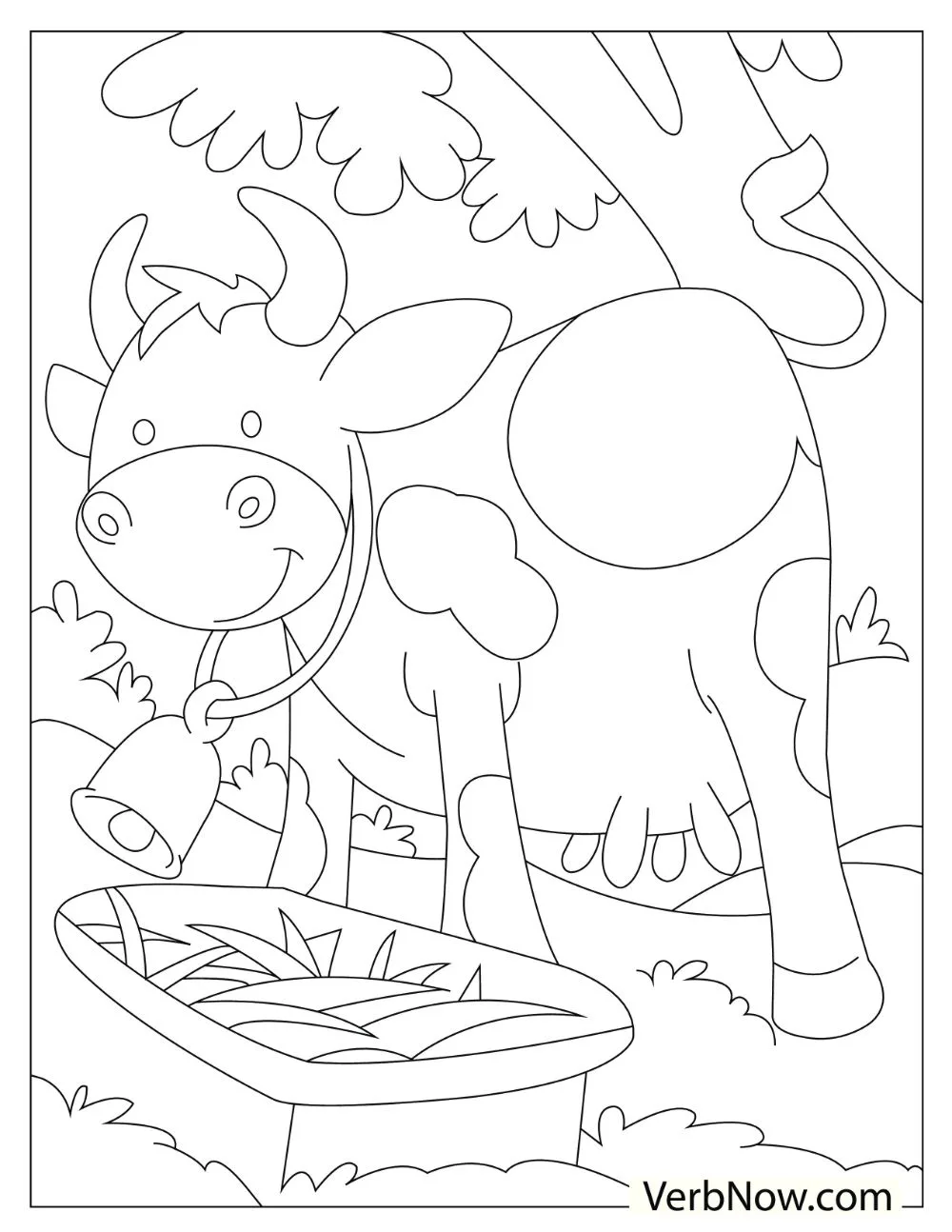 A cartoon illustration of a big cow wearing a bell looking at the grass.