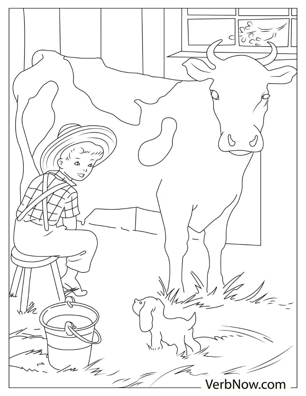 A beautifully drawn illustration of a boy milking a cow together with his puppy.