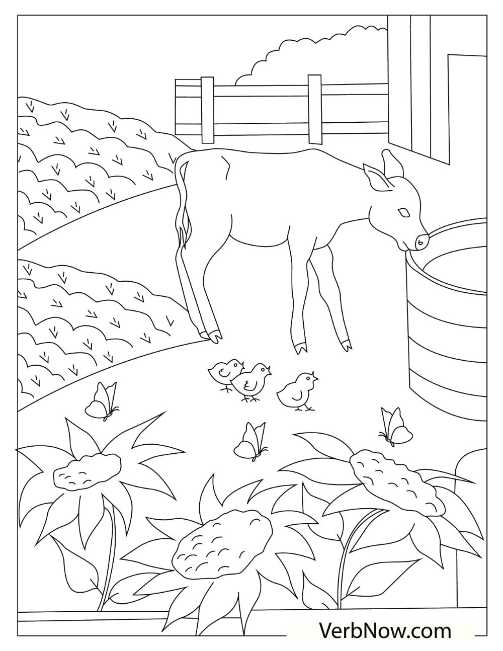 A cow drinking from a drum of water with chicks, butterflies, and sunflowers in the background.