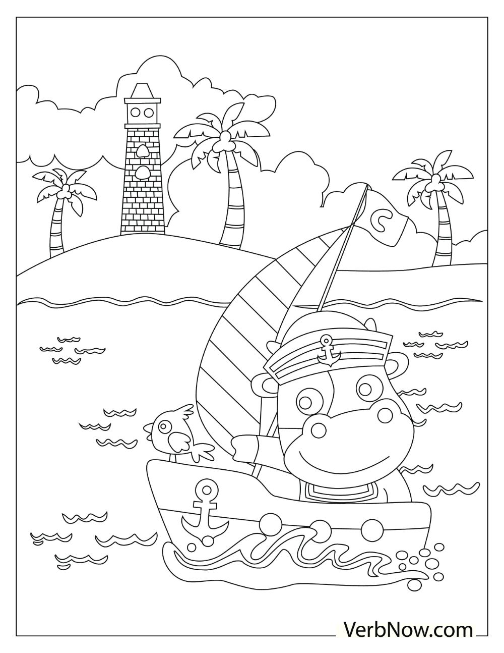 A cartoon illustration of a sailor cow and a bird riding a small ship in the sea.