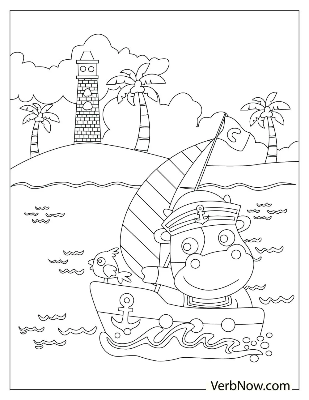 A cartoon illustration of a sailor cow and a bird riding a small ship in the sea.