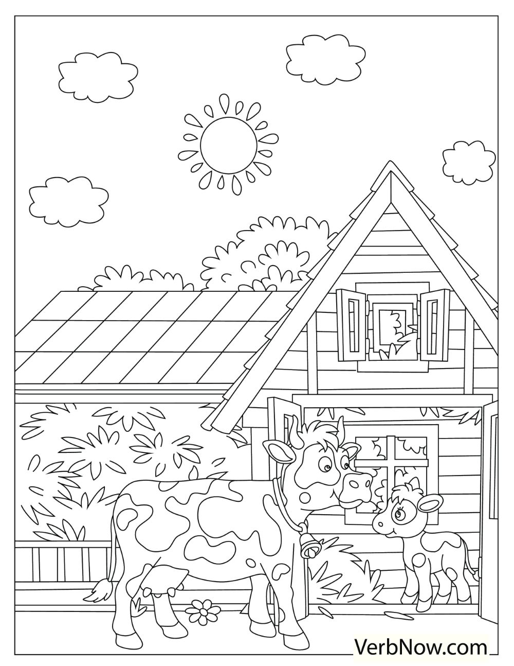 An illustration of a mama cow and a baby cow in front of a barn.