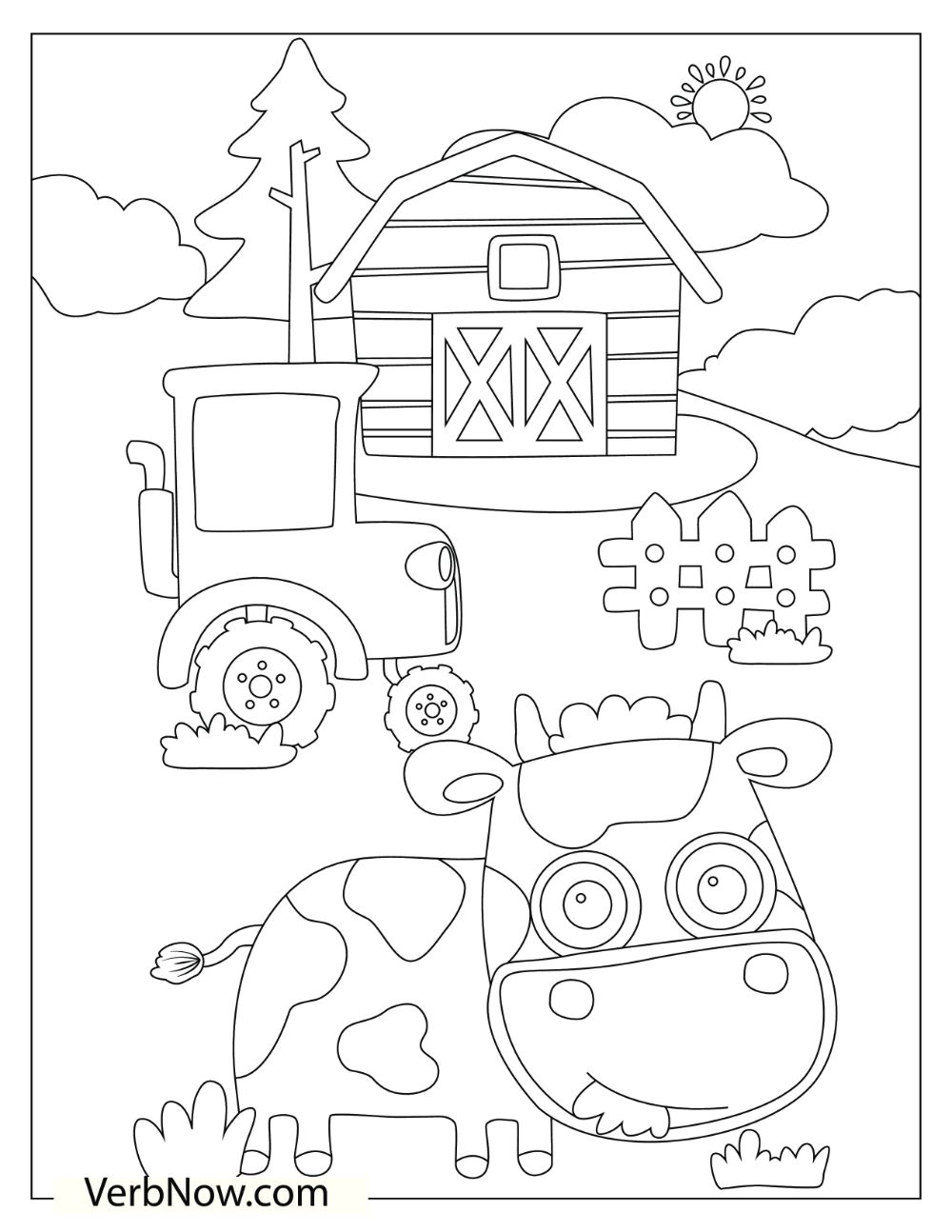 A cartoon illustration of a cow eating grass in front of a barn and a truck.
