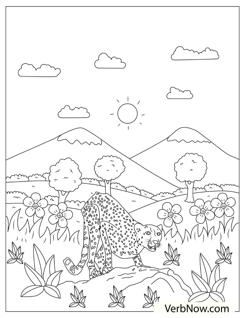 An illustration of a cheetah crouching on top of a rock and ready to hunt. 