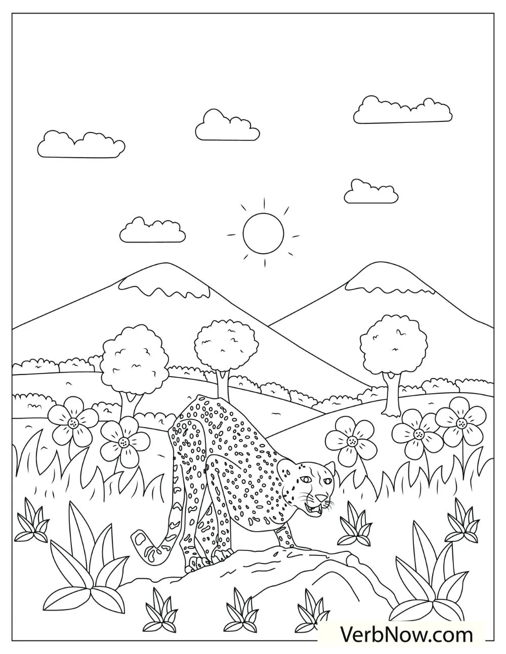 An illustration of a cheetah crouching on top of a rock and ready to hunt. 