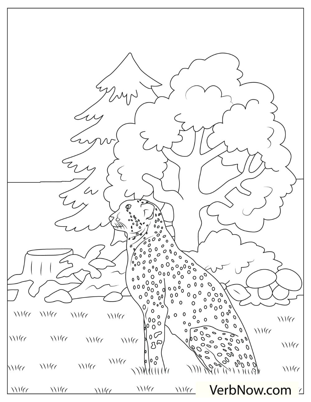 An illustration of a cheetah sitting on the grass in an open plain.