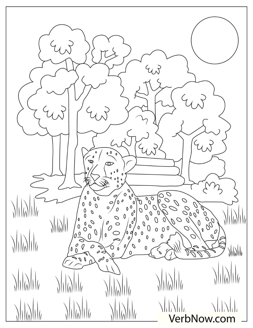 An illustration of a cheetah lying on the ground with trees in the background. 