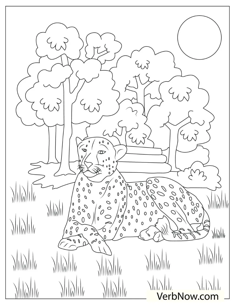 An illustration of a cheetah lying on the ground with trees in the background. 