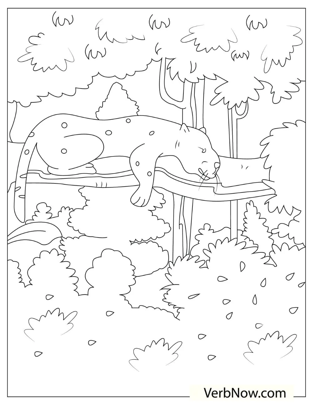 An illustration of a cheetah resting on big tree branch. 