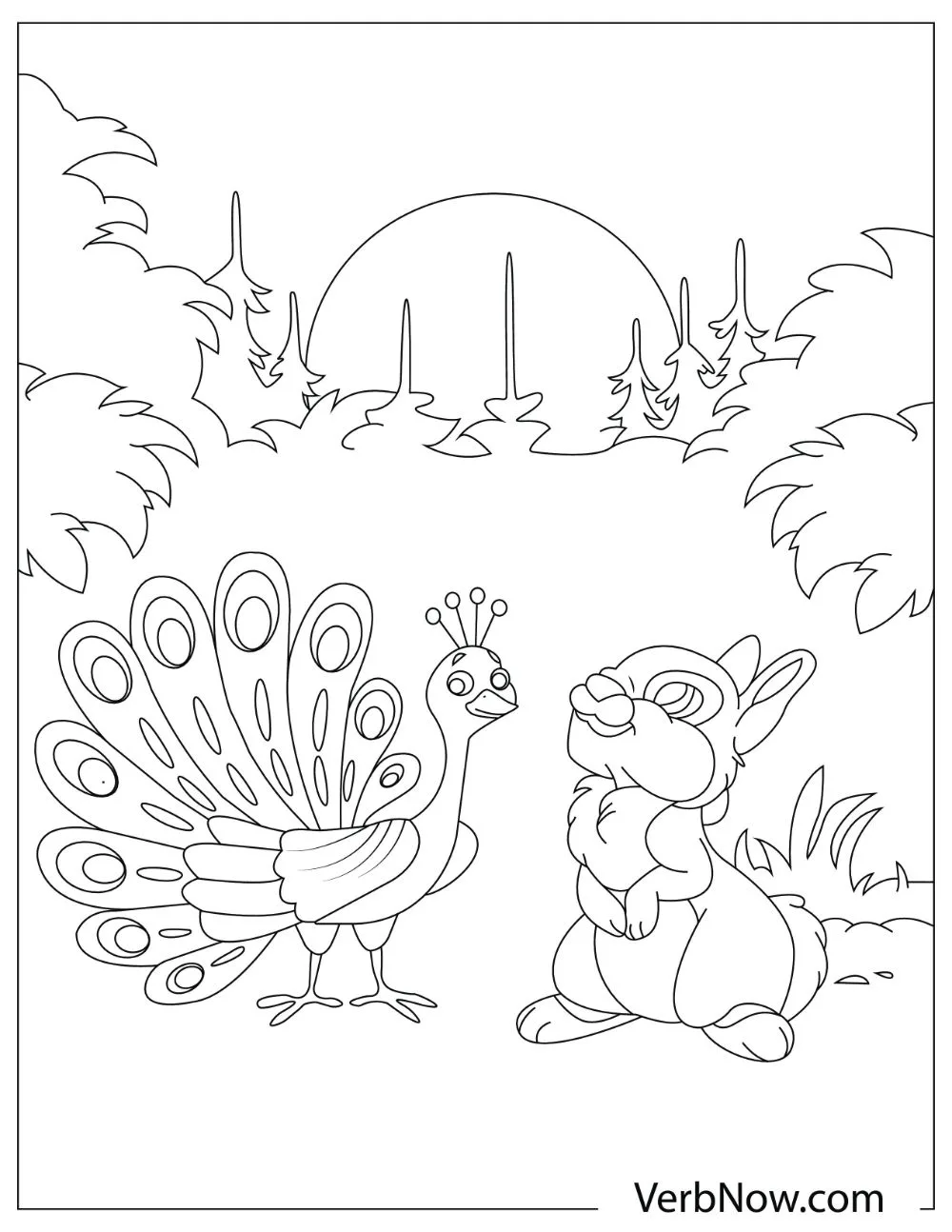 An illustration of a small peacock standing beside a cute rabbit. 