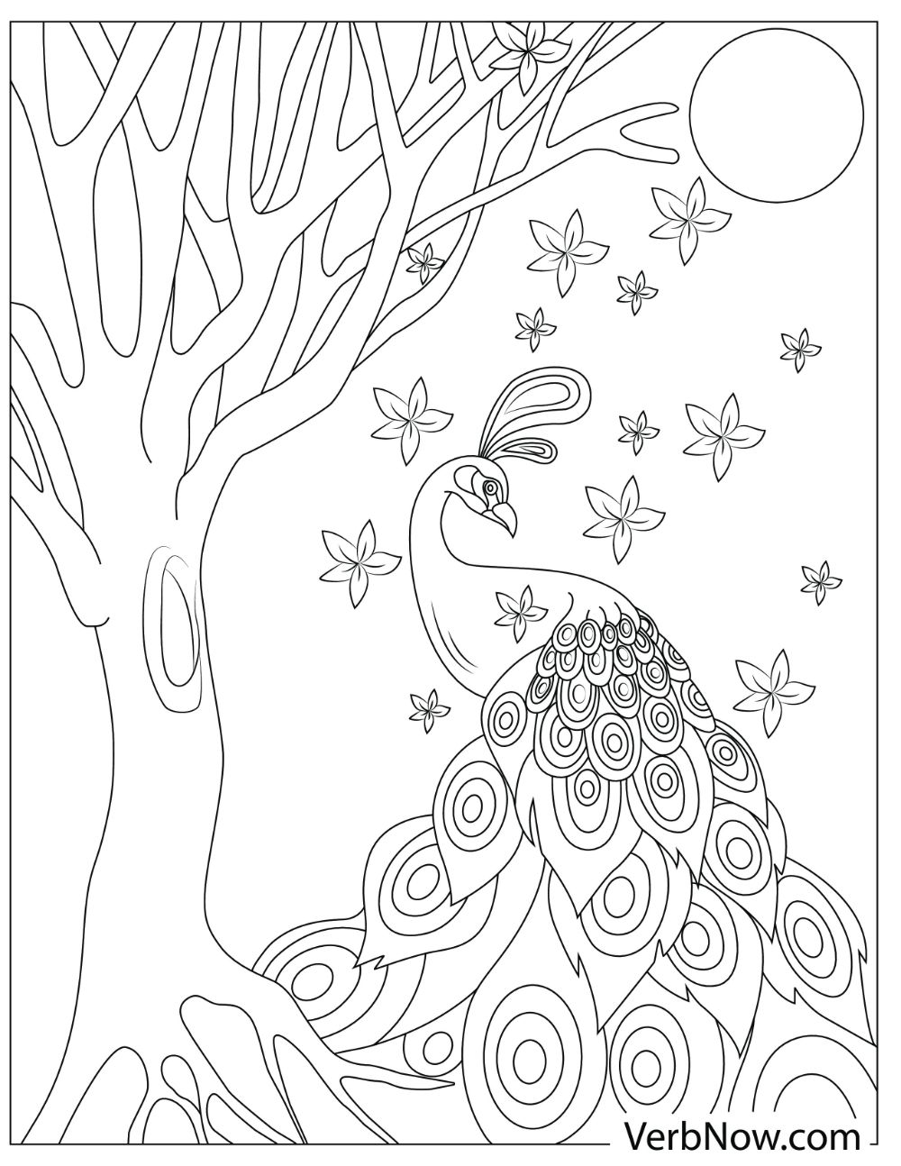 An illustration of a peacock with a long tail elegantly standing beside a tree.